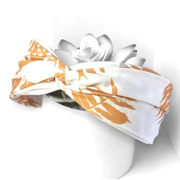 Mustard Yellow White Tropical Print Women's Top Knot Headband - Picture 1 of 5